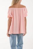 Coral Puff Sleeve Smock Bardot Top For Women ONE SIZE - Dropwear