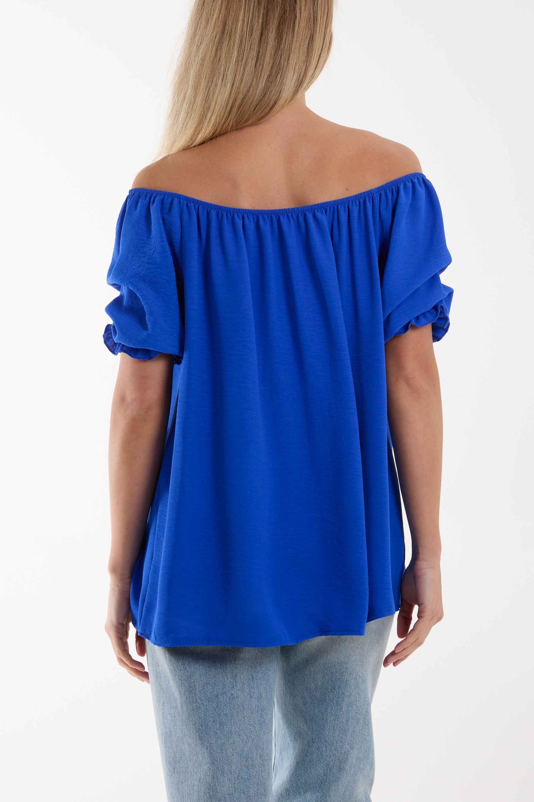 Denim Puff Sleeve Smock Bardot Top For Women ONE SIZE - Dropwear
