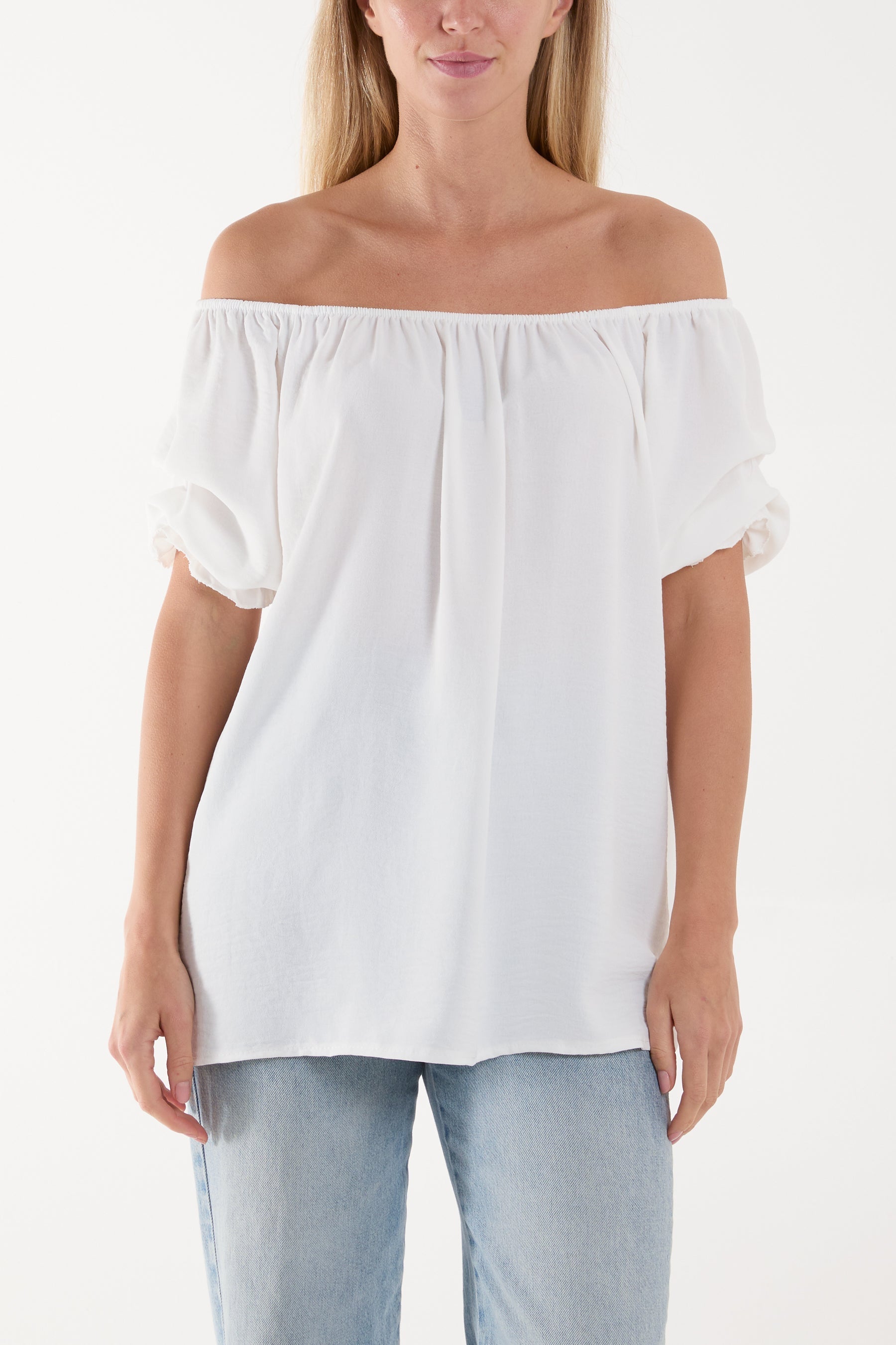 Red Puff Sleeve Smock Bardot Top For Women ONE SIZE - Dropwear