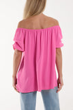 Fuchsia Puff Sleeve Smock Bardot Top For Women ONE SIZE - Dropwear