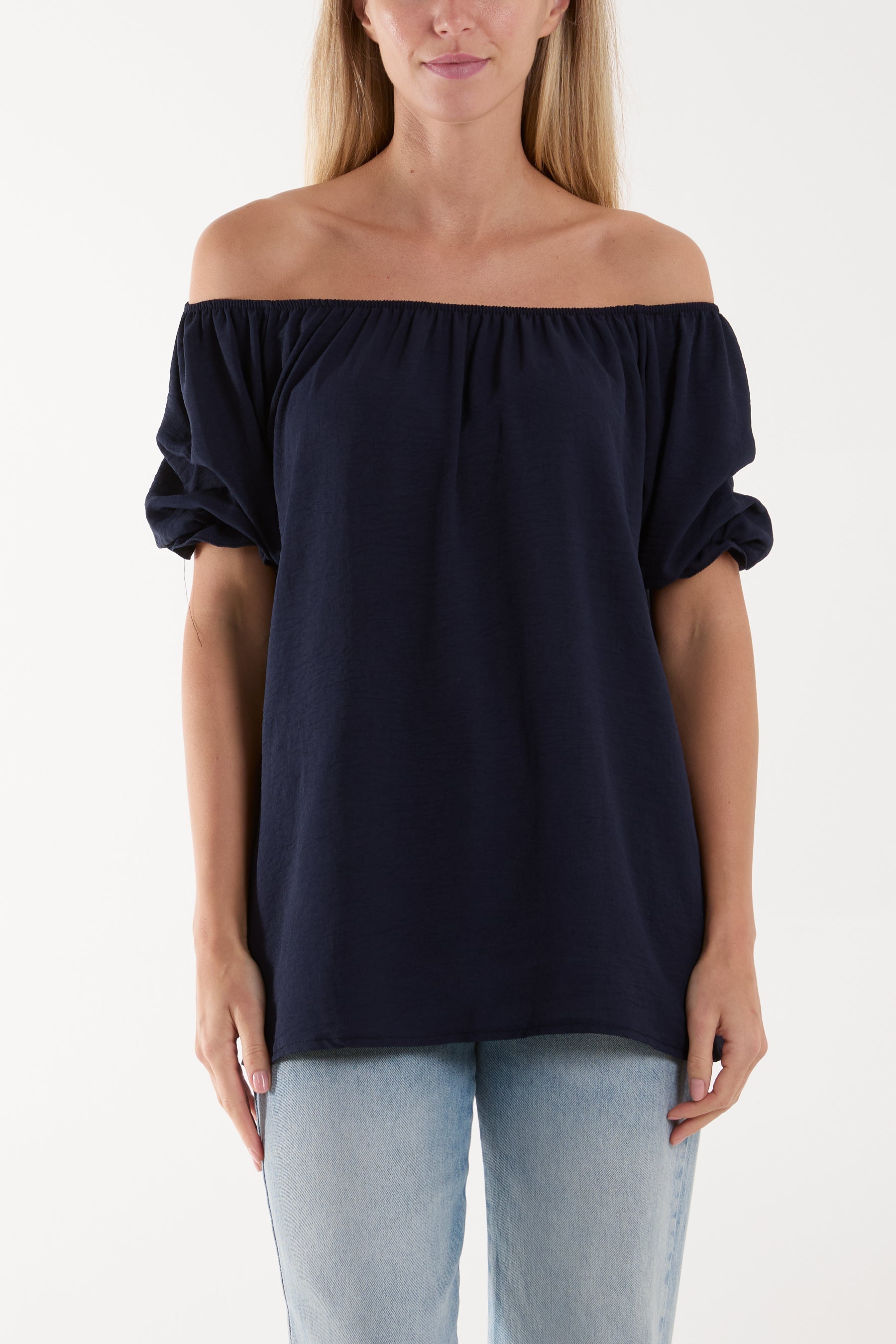 Hot Pink Puff Sleeve Smock Bardot Top For Women ONE SIZE - Dropwear