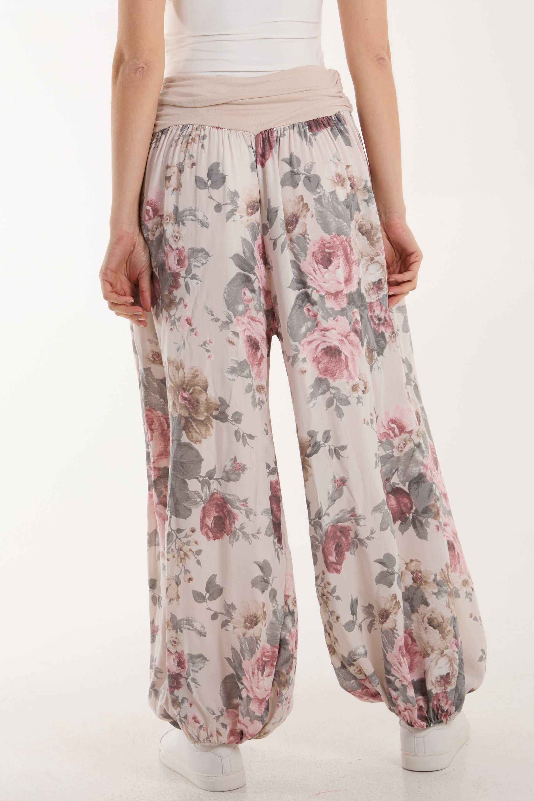 White Roses Contrast Waist Harem Trousers For Women ONE SIZE - Dropwear