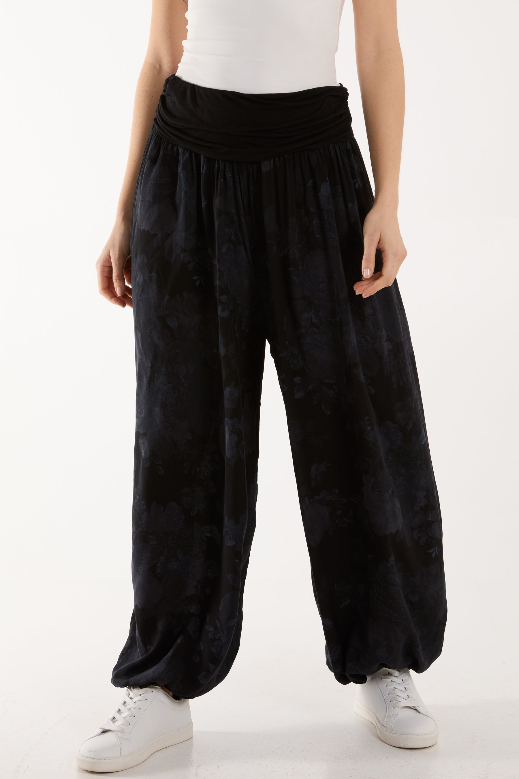Roses Contrast Waist Harem Trousers For Women  - Dropwear