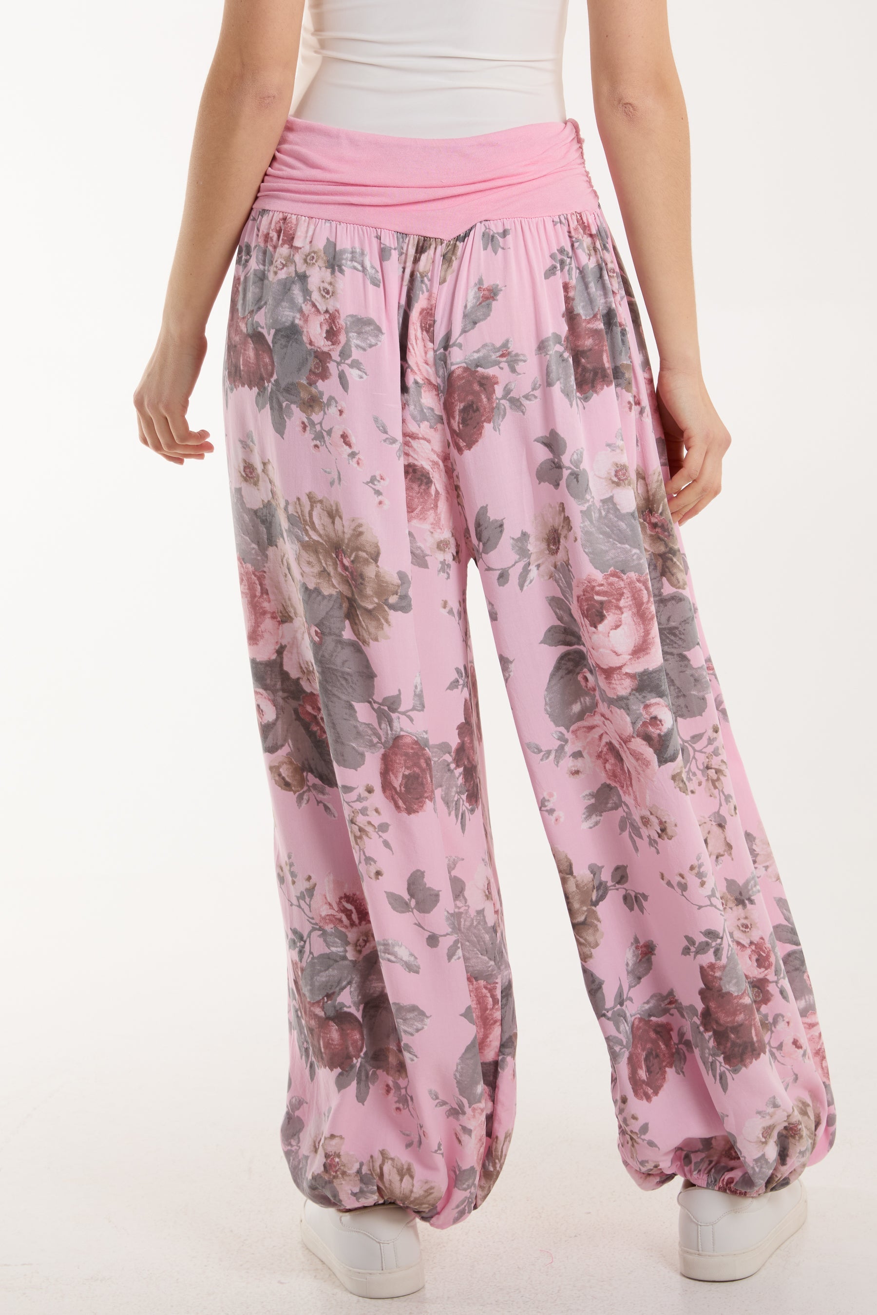 Royal Blue Roses Contrast Waist Harem Trousers For Women ONE SIZE - Dropwear