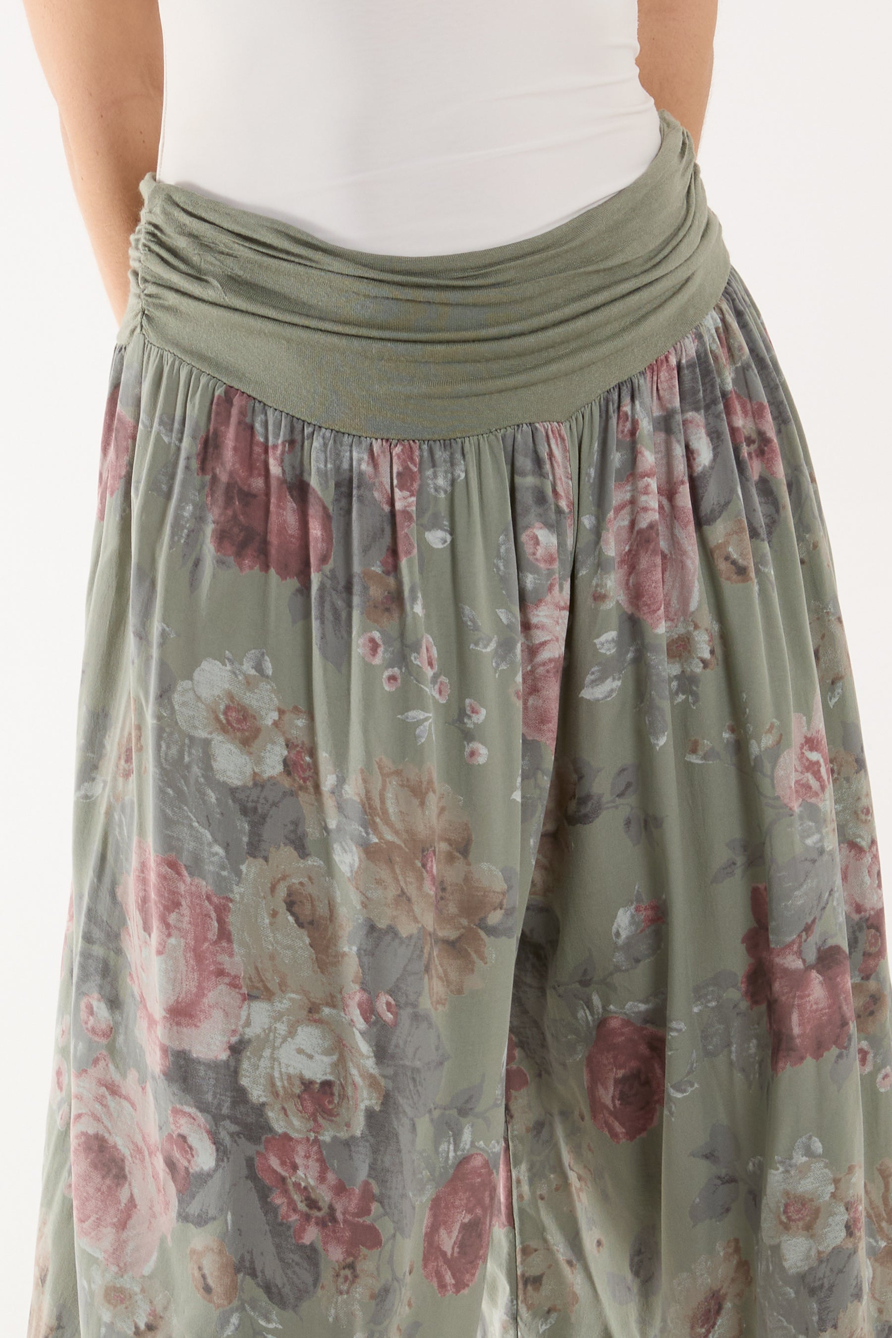 Light Blue Roses Contrast Waist Harem Trousers For Women ONE SIZE - Dropwear