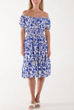 Light Blue Floral Bardot Shirred Waist Midi Dress For Women ONE SIZE - Dropwear