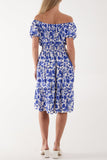 Floral Bardot Shirred Waist Midi Dress For Women  - Dropwear