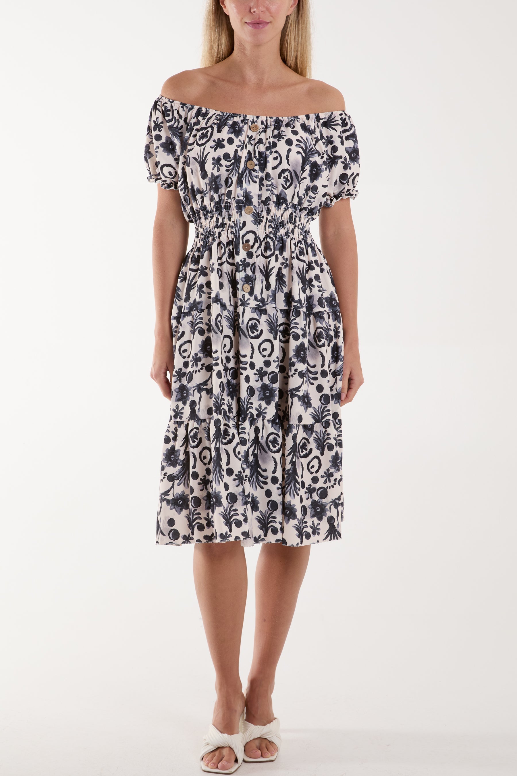 Floral Bardot Shirred Waist Midi Dress For Women  - Dropwear