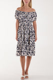 Floral Bardot Shirred Waist Midi Dress For Women  - Dropwear