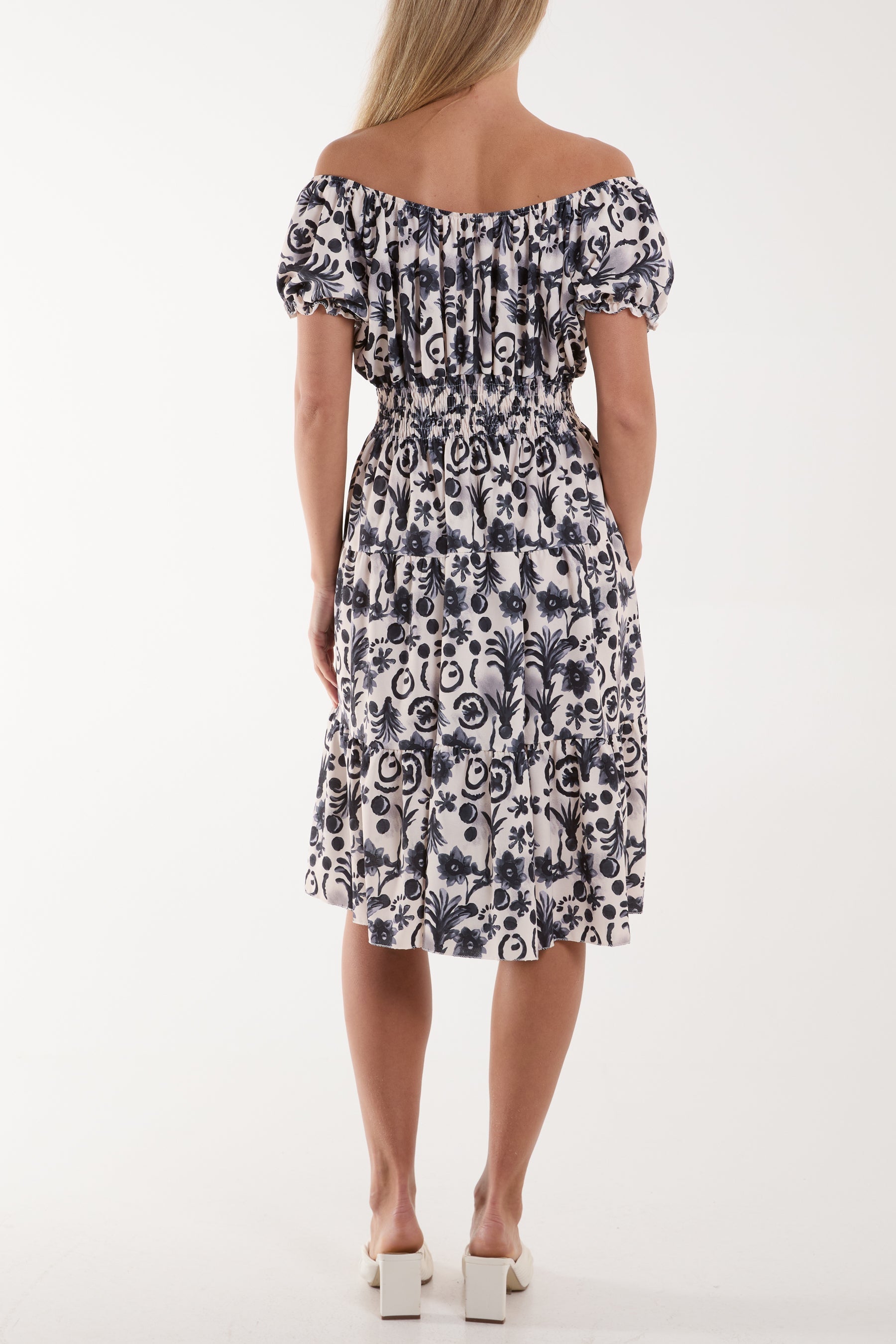 Floral Bardot Shirred Waist Midi Dress For Women  - Dropwear