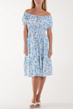 Black Floral Bardot Shirred Waist Midi Dress For Women ONE SIZE - Dropwear