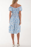 Jade Floral Bardot Shirred Waist Midi Dress For Women ONE SIZE - Dropwear