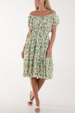 Floral Bardot Shirred Waist Midi Dress For Women  - Dropwear