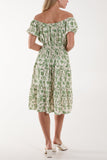 Floral Bardot Shirred Waist Midi Dress For Women  - Dropwear