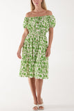 Khaki Floral Bardot Shirred Waist Midi Dress For Women ONE SIZE - Dropwear