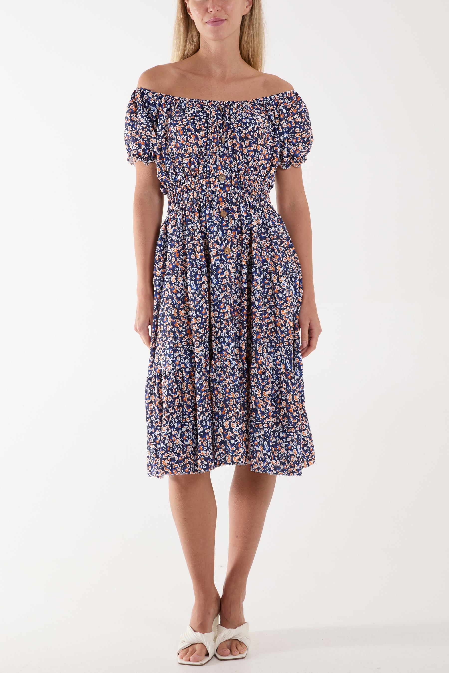 Light Blue Ditsy Floral Bardot Midi Dress For Women ONE SIZE - Dropwear