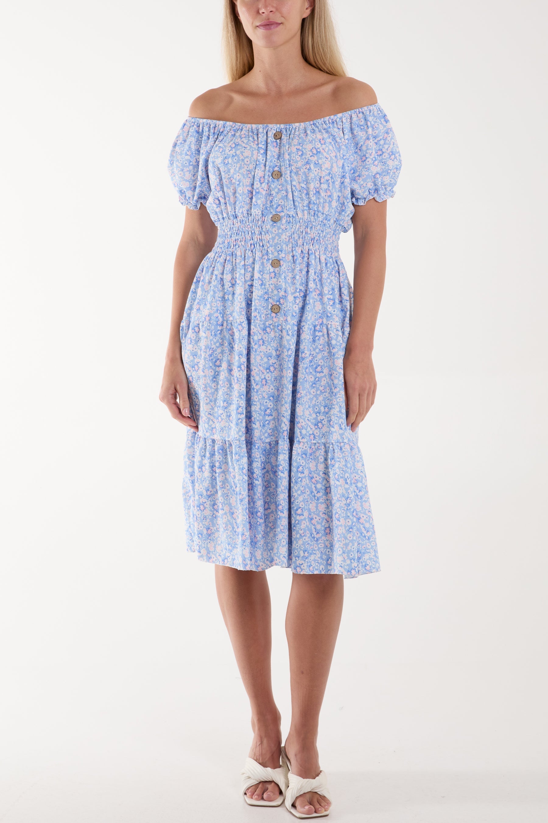 Royal Blue Ditsy Floral Bardot Midi Dress For Women ONE SIZE - Dropwear