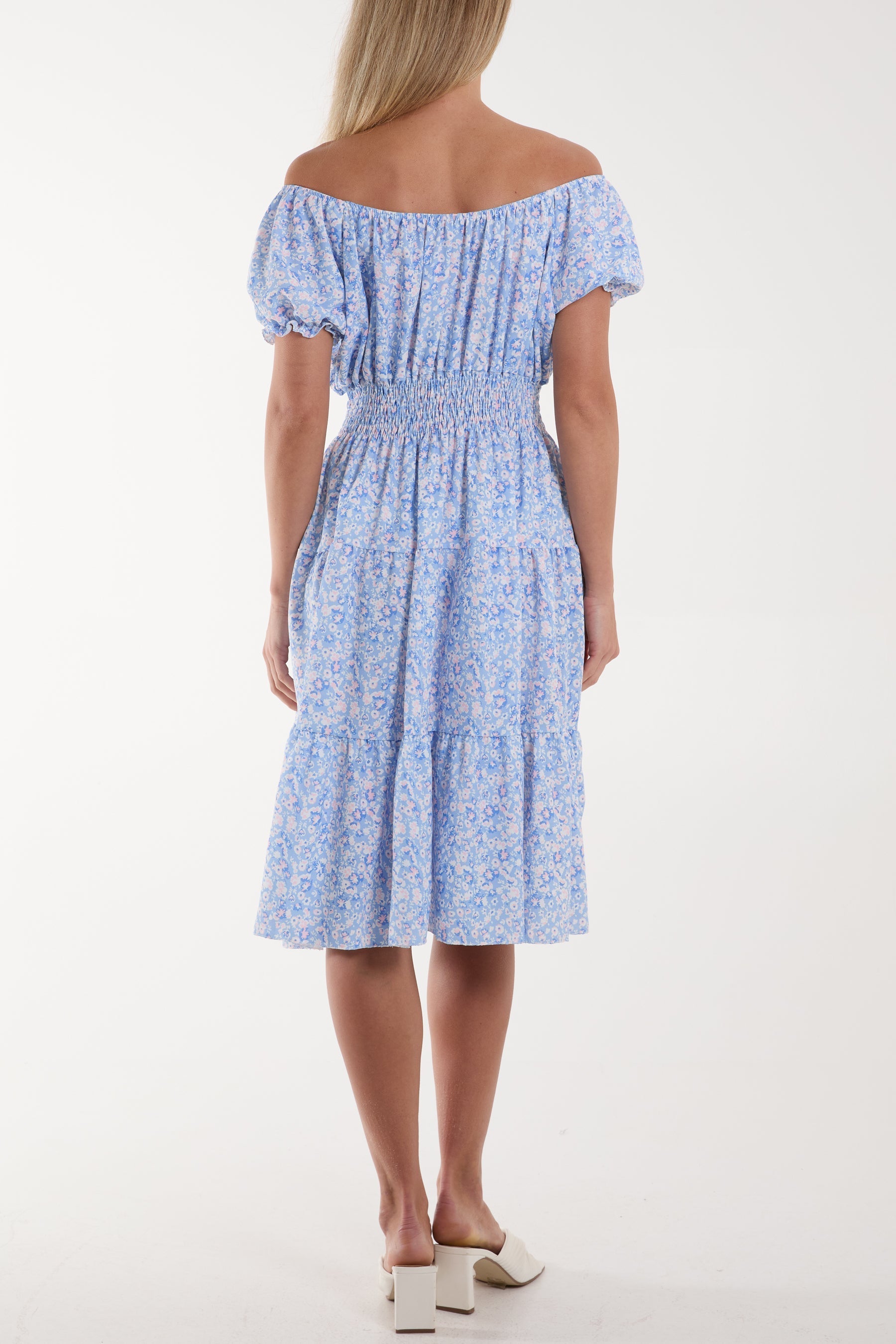 Fuchsia Ditsy Floral Bardot Midi Dress For Women ONE SIZE - Dropwear