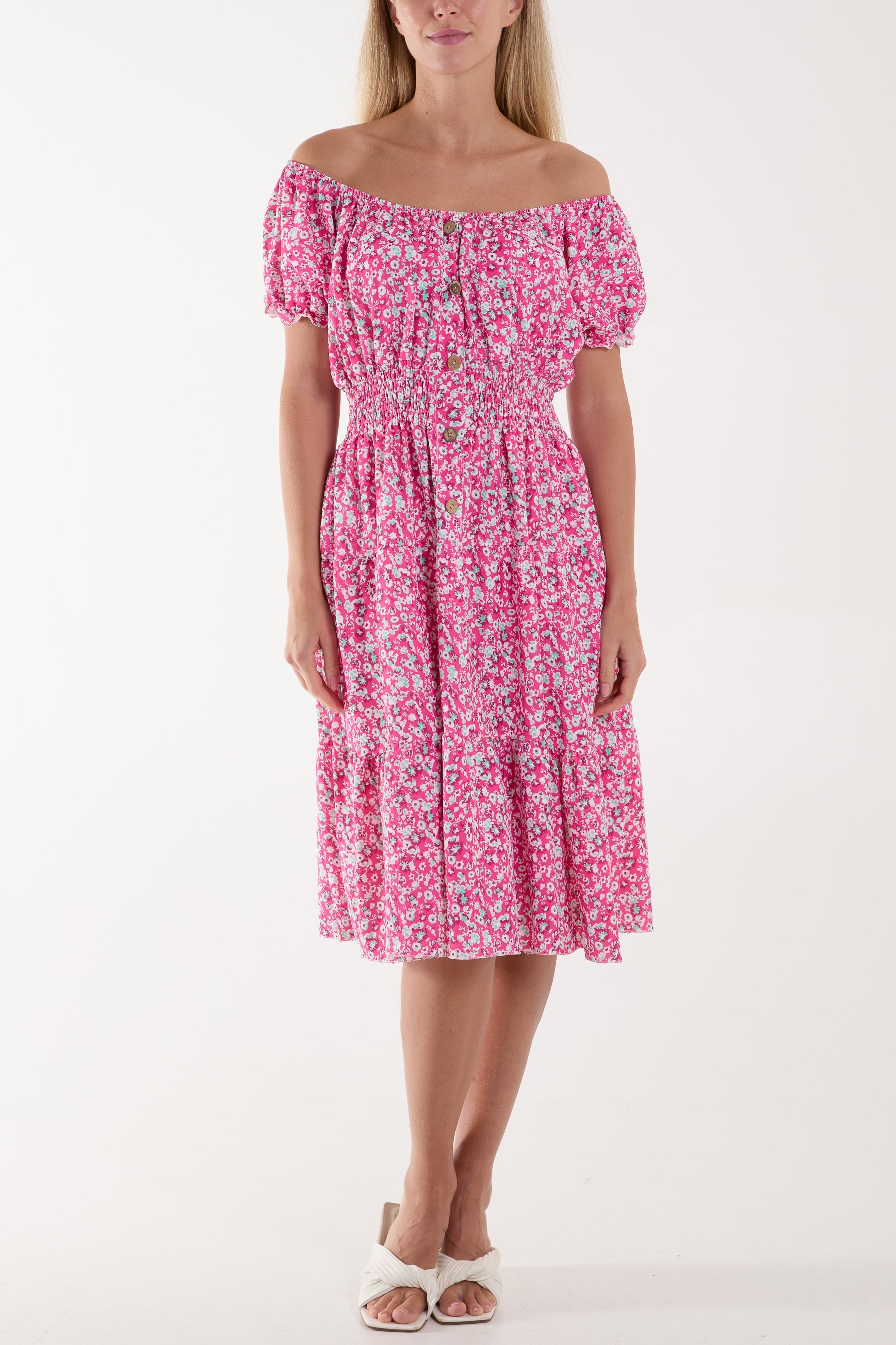 Black Ditsy Floral Bardot Midi Dress For Women ONE SIZE - Dropwear