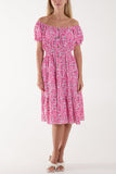 Black Ditsy Floral Bardot Midi Dress For Women ONE SIZE - Dropwear