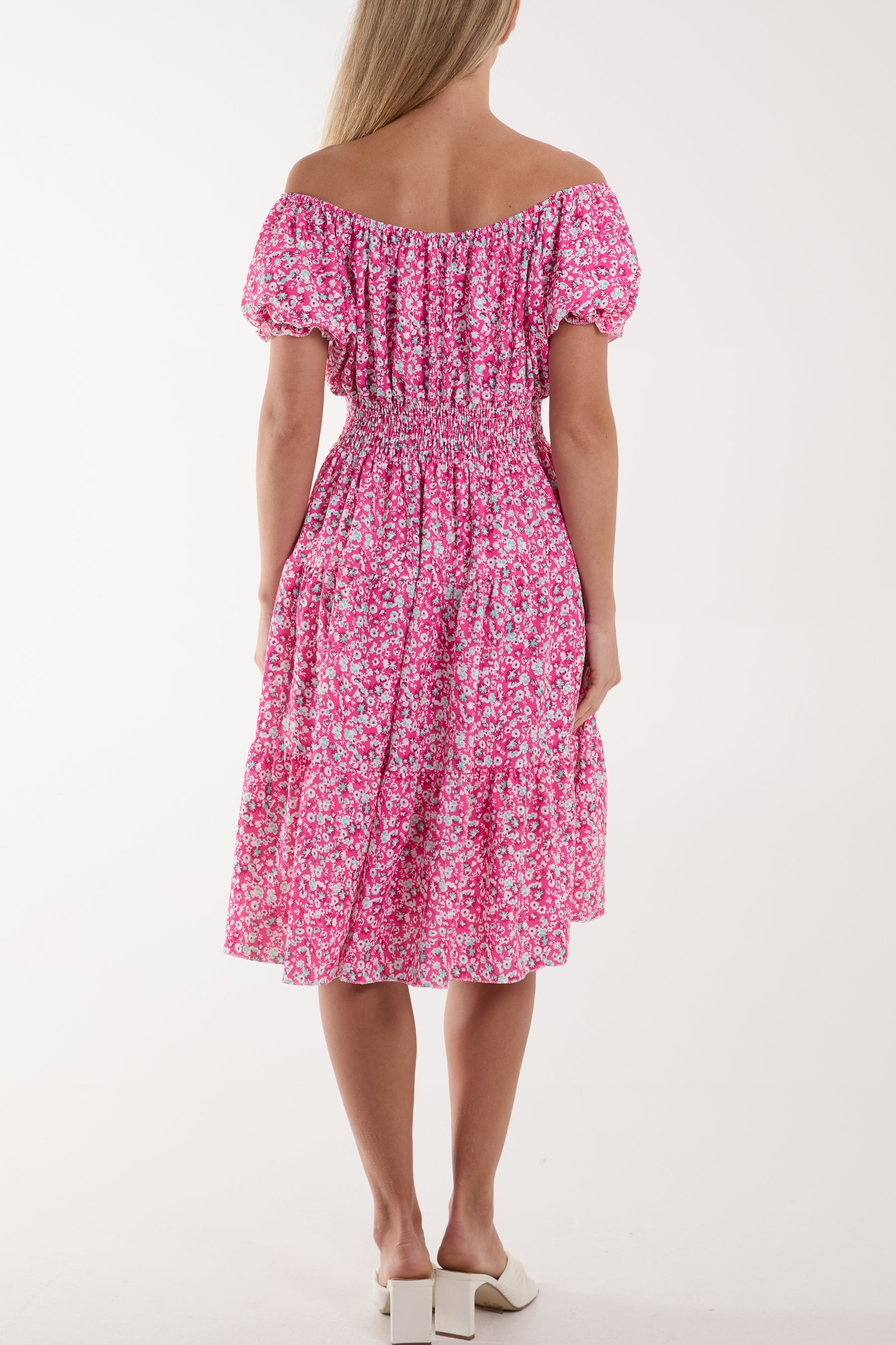 Coral Ditsy Floral Bardot Midi Dress For Women ONE SIZE - Dropwear