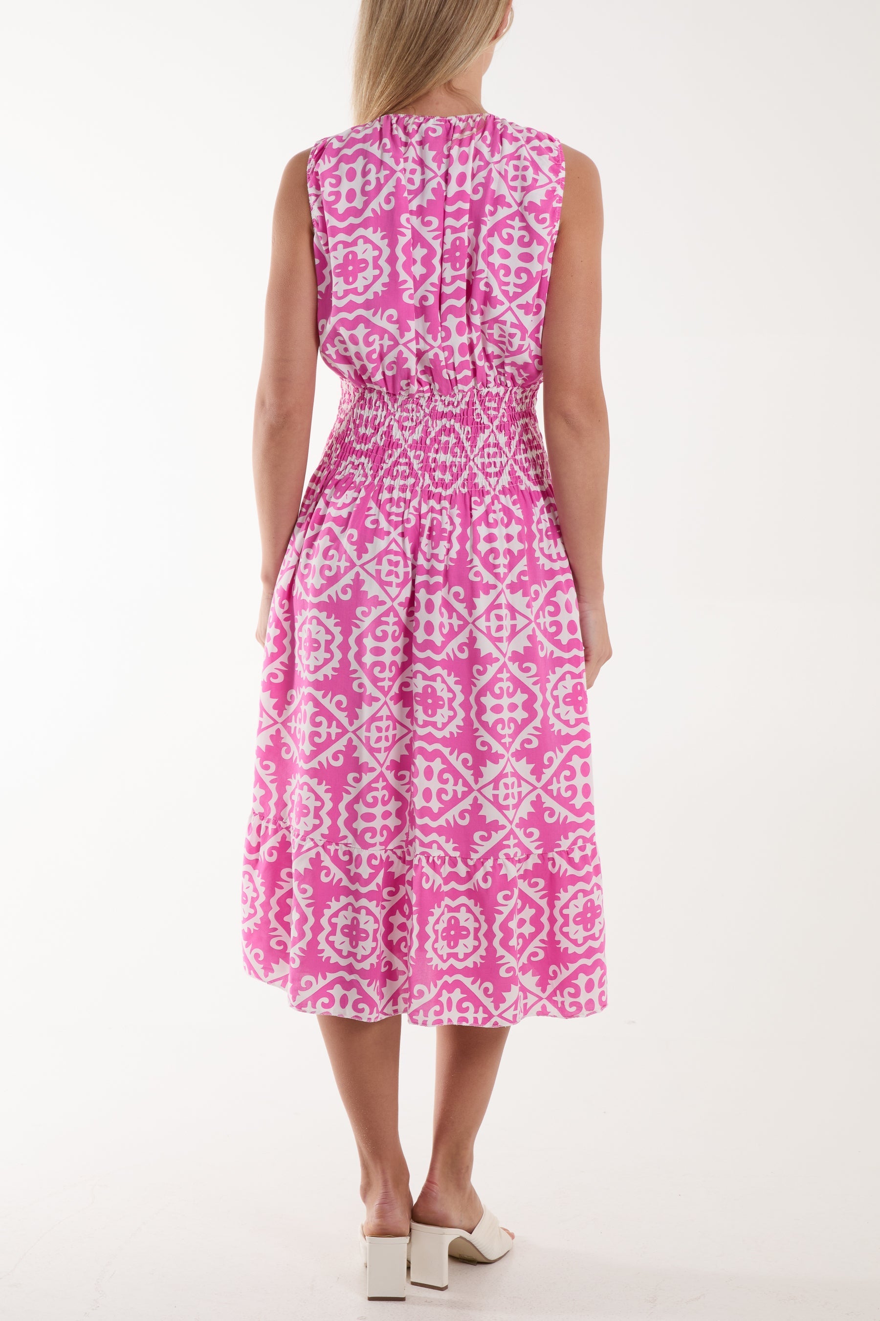 Royal Blue Tile Print Elasticated Neck Midi Dress For Women ONE SIZE - Dropwear
