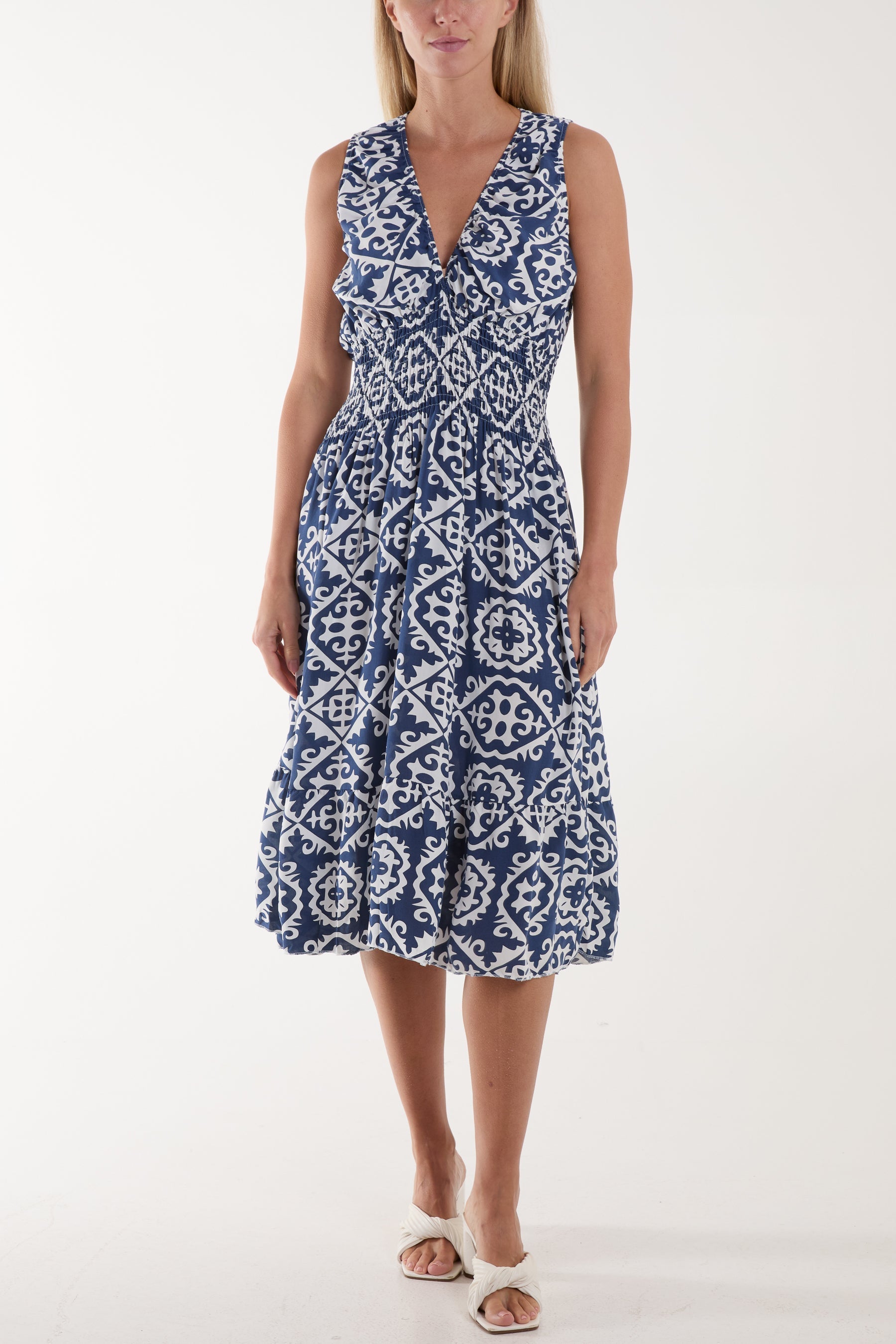 Tile Print Elasticated Neck Midi Dress For Women  - Dropwear