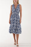 Tile Print Elasticated Neck Midi Dress For Women  - Dropwear