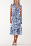 Tile Print Elasticated Neck Midi Dress For Women  - Dropwear
