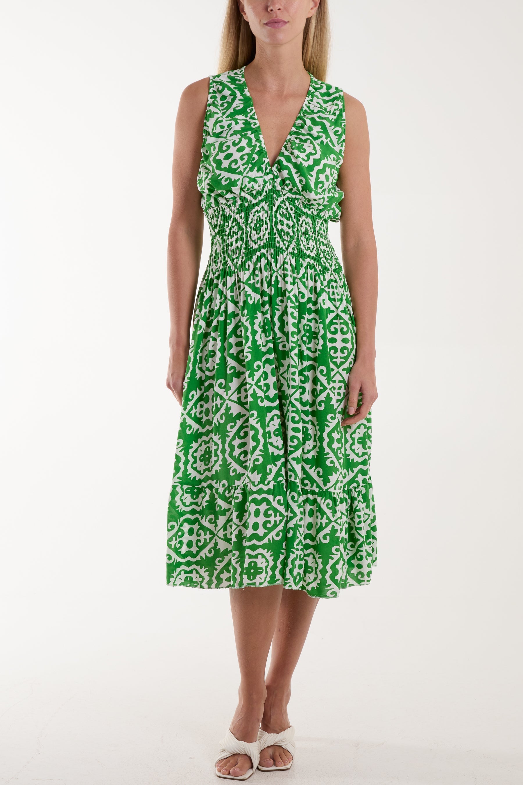Tile Print Elasticated Neck Midi Dress For Women  - Dropwear