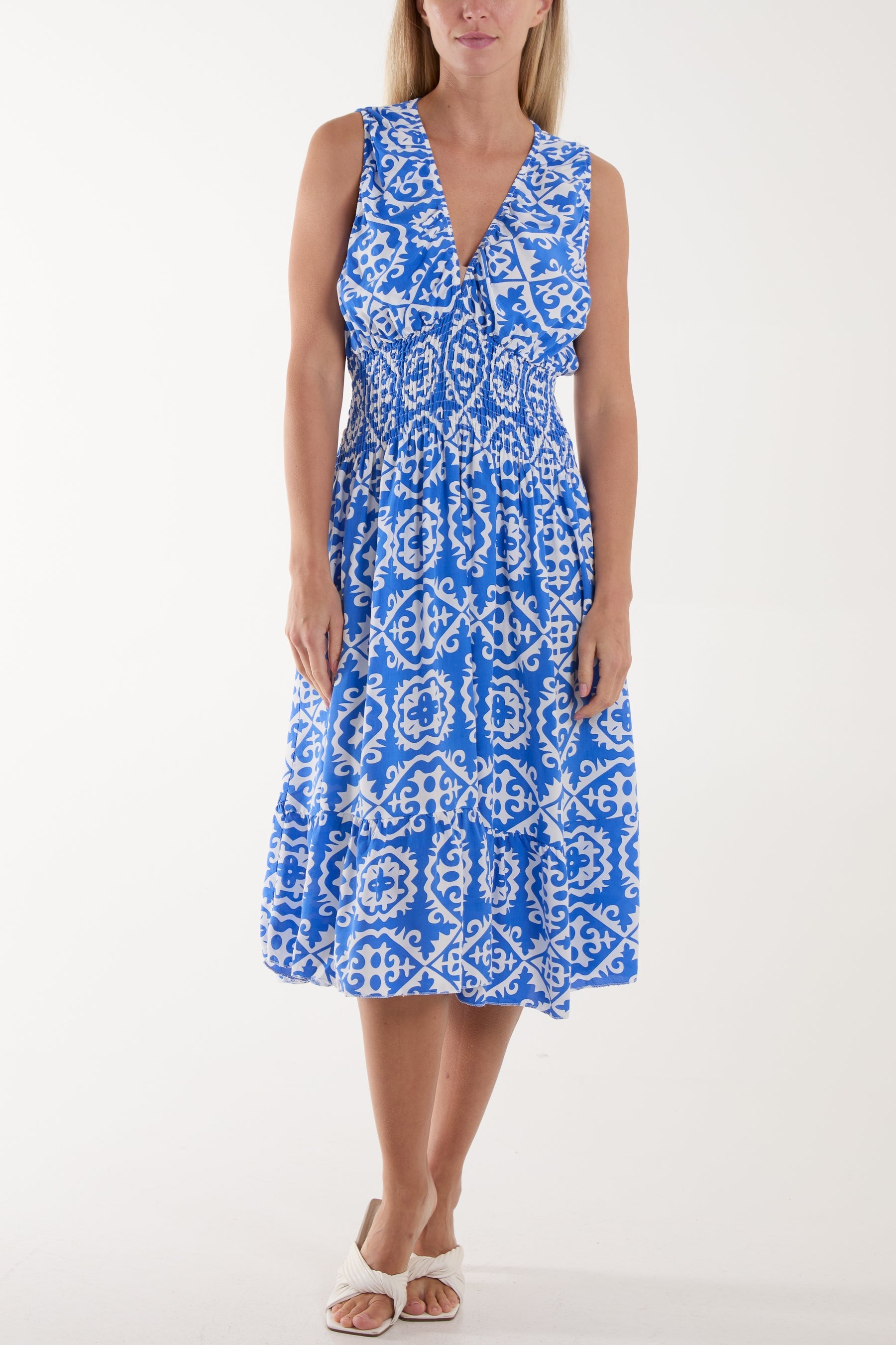 Navy Tile Print Elasticated Neck Midi Dress For Women ONE SIZE - Dropwear