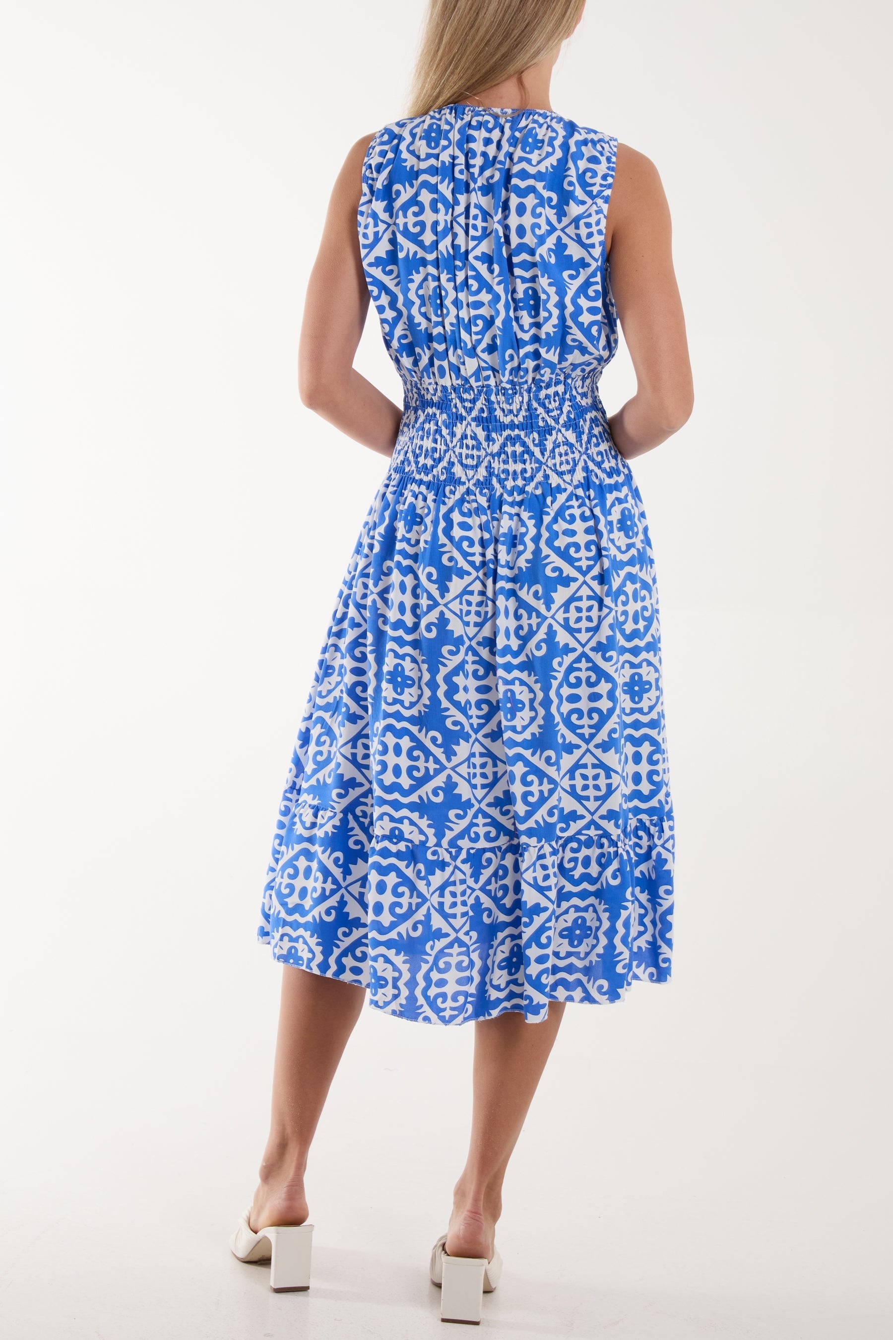Jade Tile Print Elasticated Neck Midi Dress For Women ONE SIZE - Dropwear