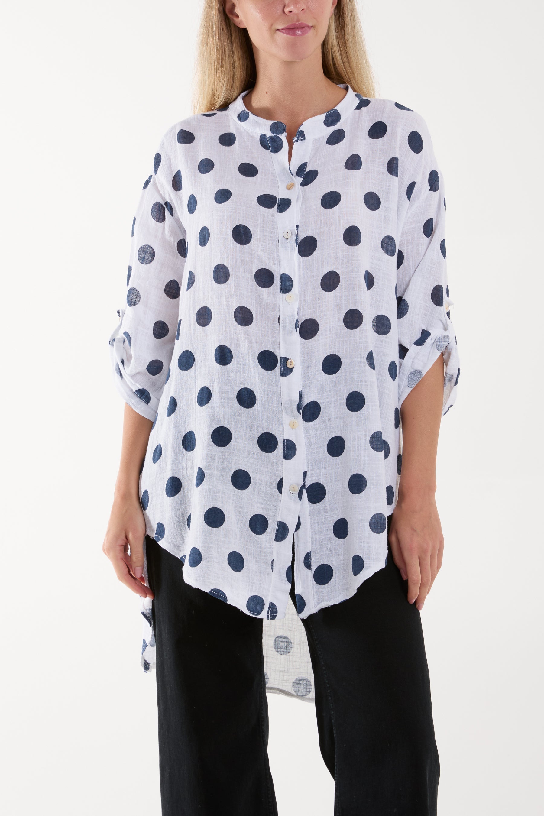 Black Polka Dot Cotton Shirt For Women ONE SIZE - Dropwear