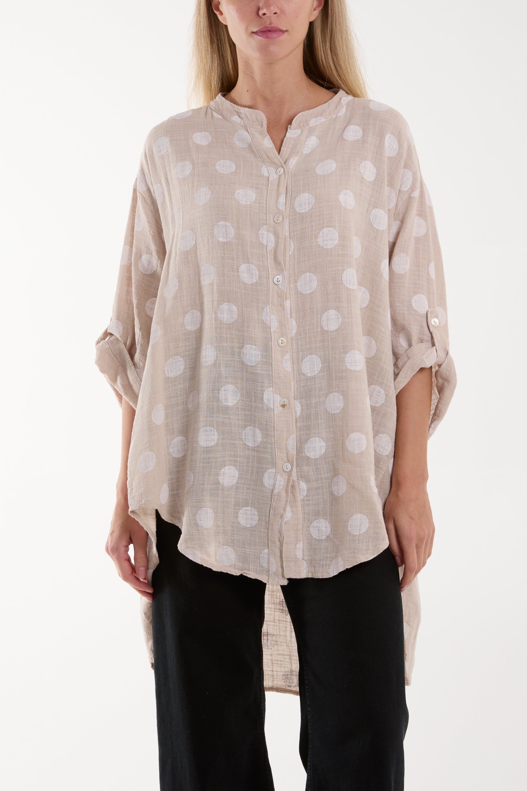 Beige Polka Dot Cotton Shirt For Women ONE SIZE - Dropwear