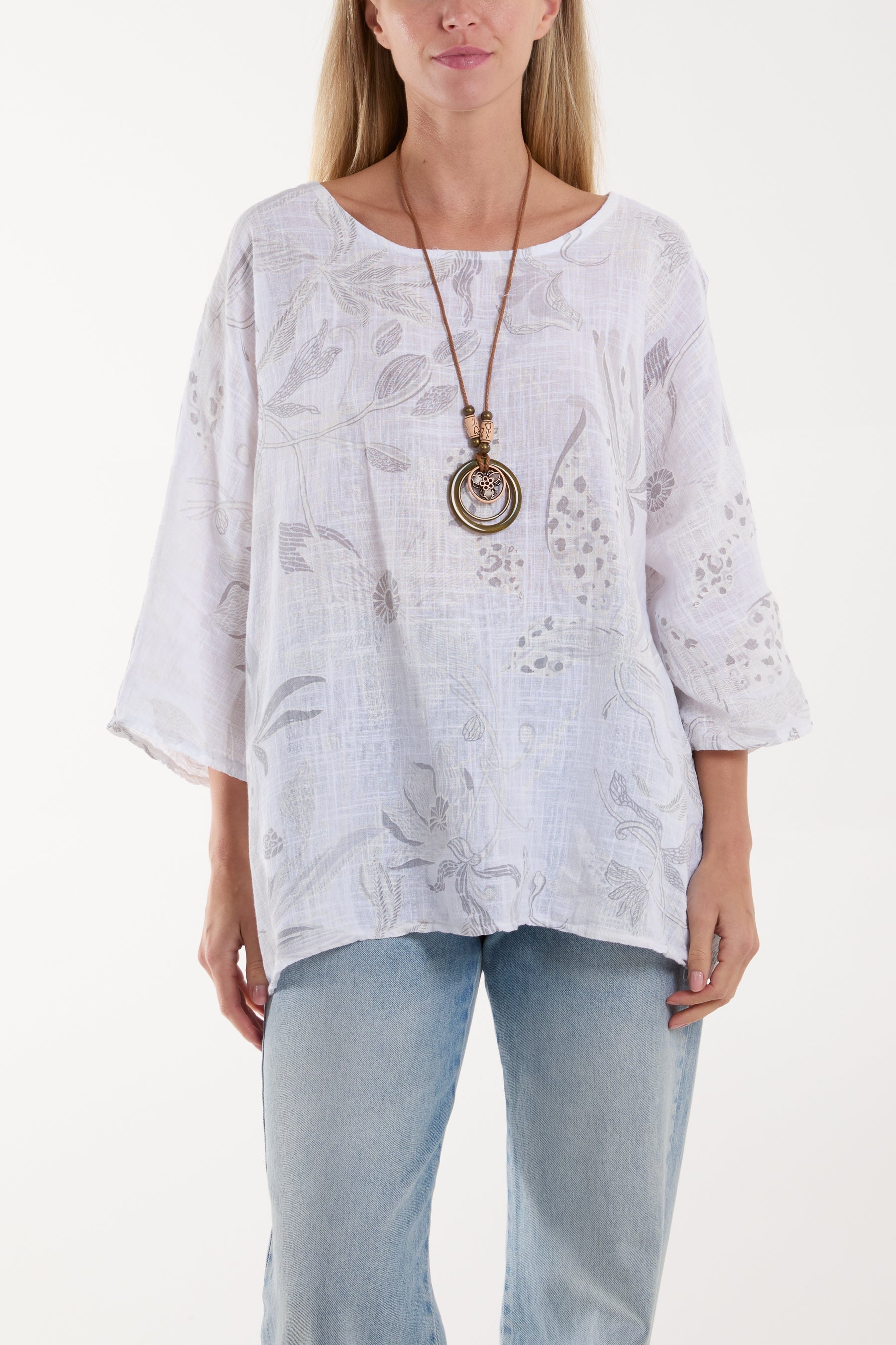 White Necklace Botanical Flower Cotton Top For Women ONE SIZE - Dropwear