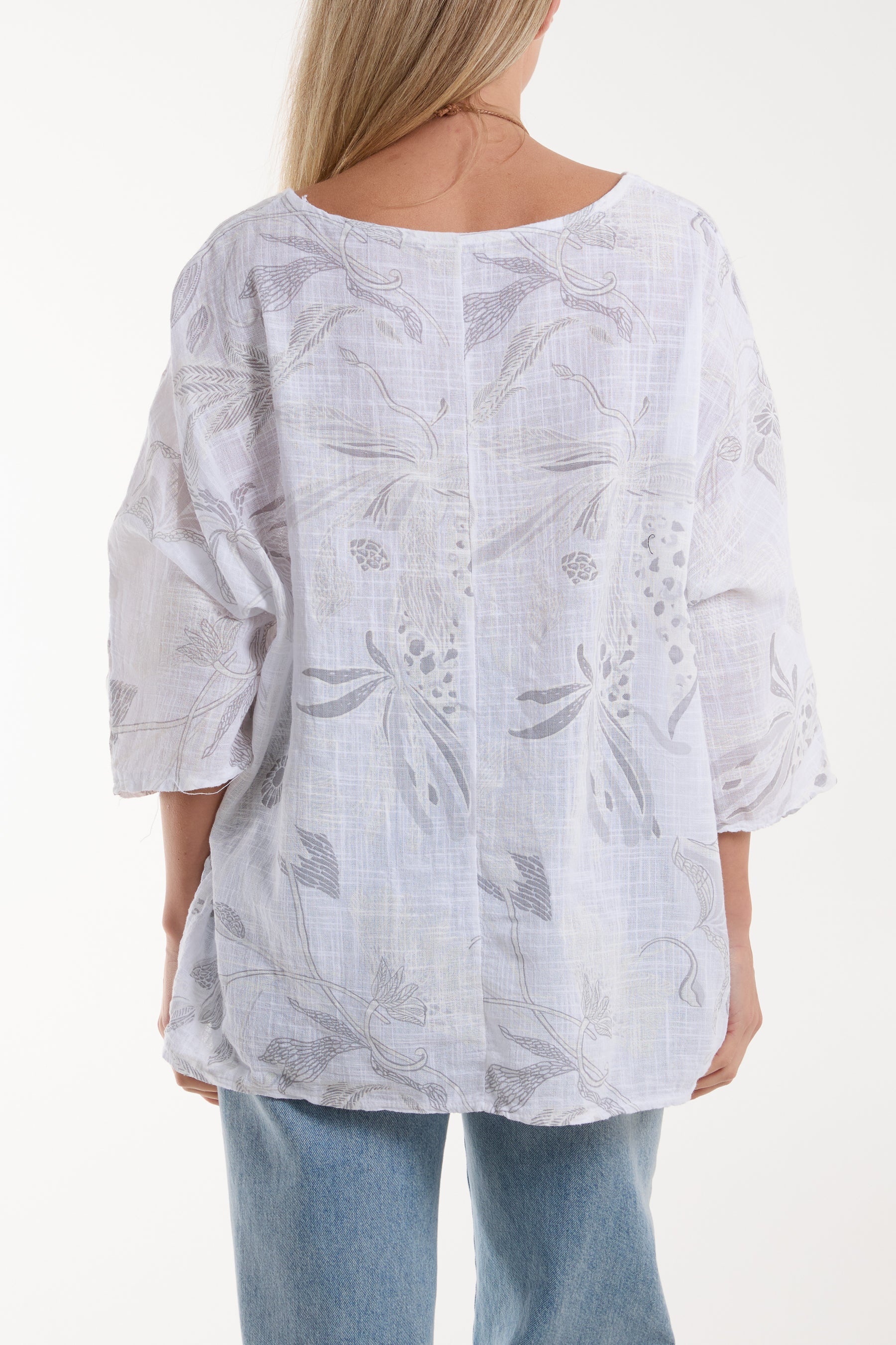Navy Necklace Botanical Flower Cotton Top For Women ONE SIZE - Dropwear