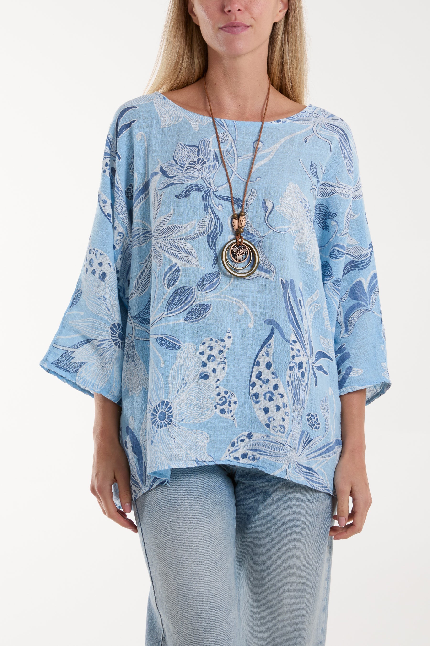 Denim Necklace Botanical Flower Cotton Top For Women ONE SIZE - Dropwear