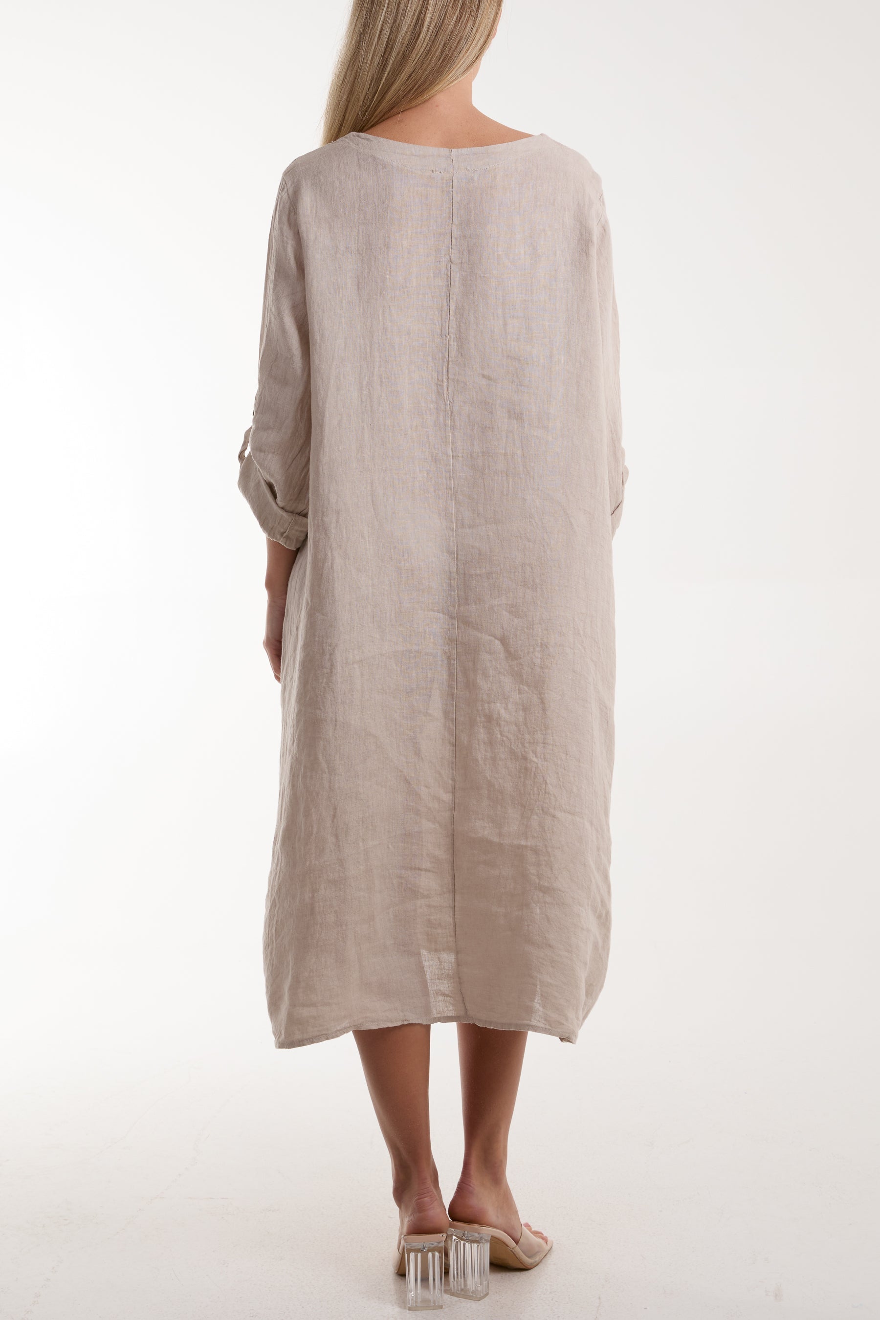 White Linen Tied Hem Pockets Dress For Women ONE SIZE - Dropwear