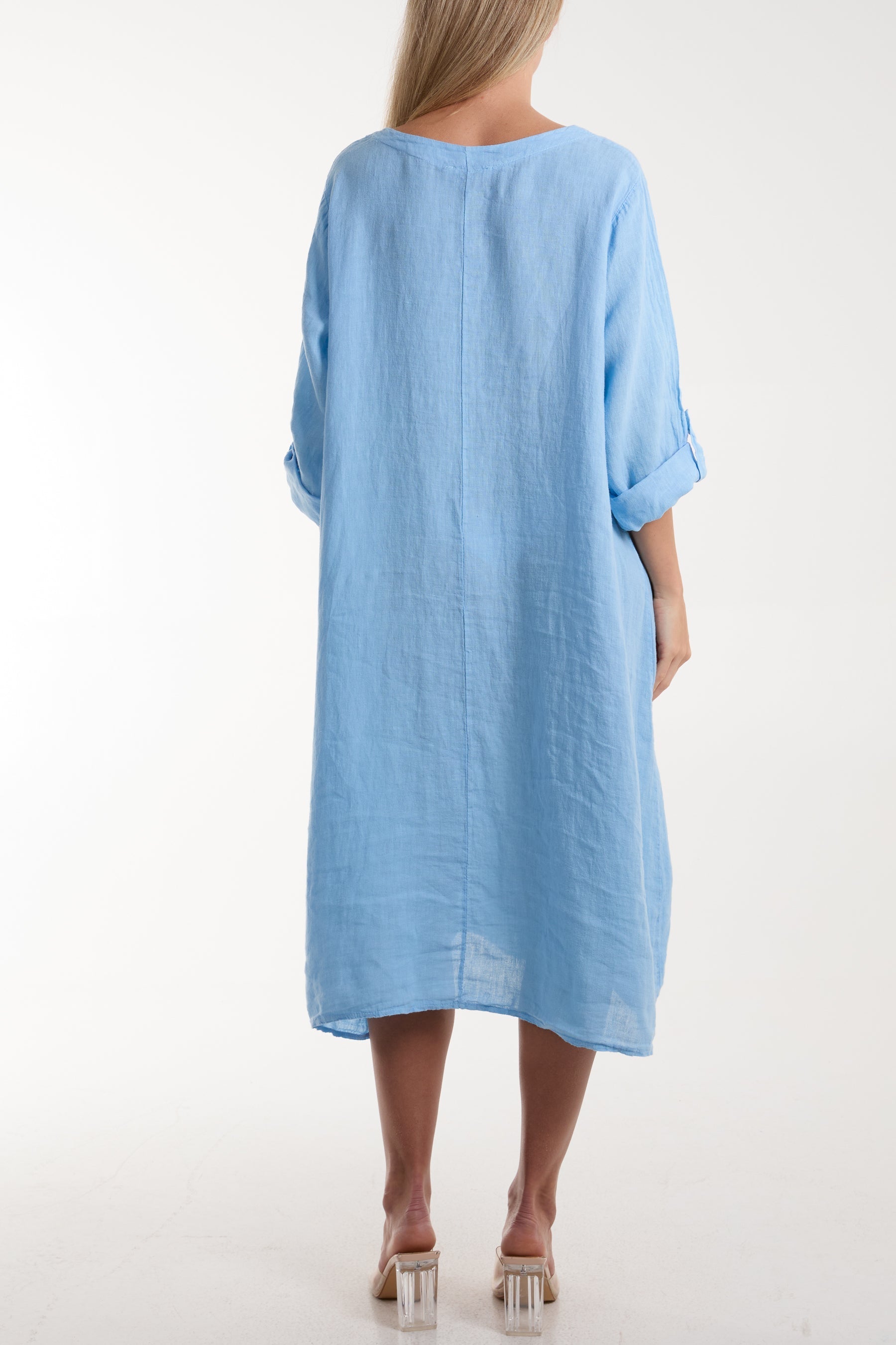 Light Blue Linen Tied Hem Pockets Dress For Women ONE SIZE - Dropwear