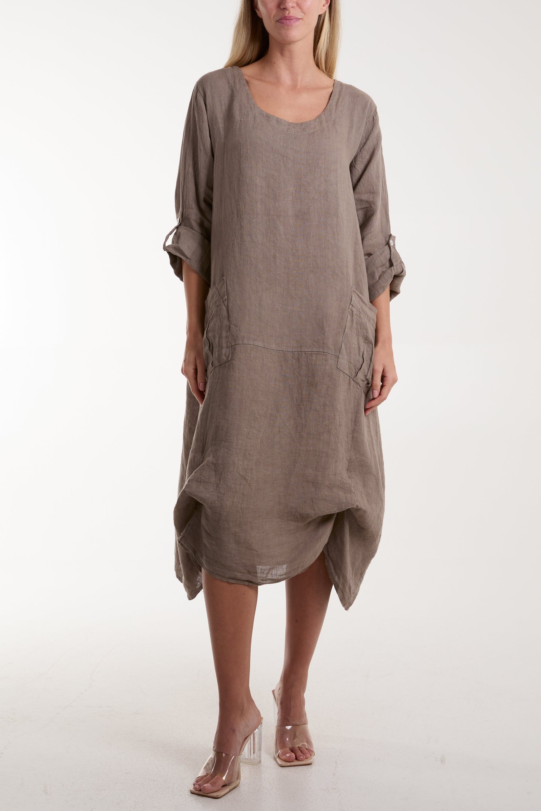 Linen Tied Hem Pockets Dress For Women  - Dropwear