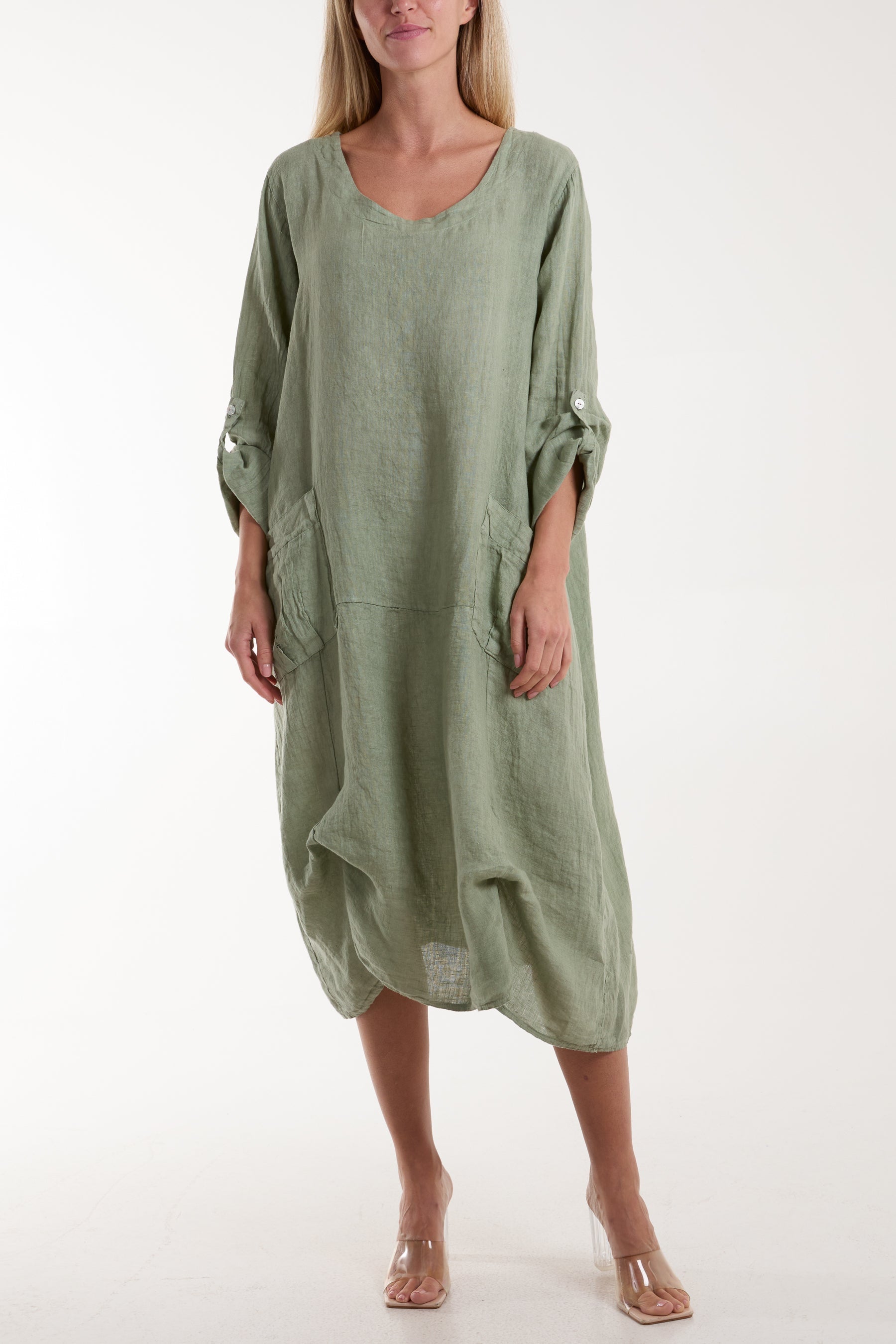 Stone Linen Tied Hem Pockets Dress For Women ONE SIZE - Dropwear