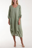 Stone Linen Tied Hem Pockets Dress For Women ONE SIZE - Dropwear