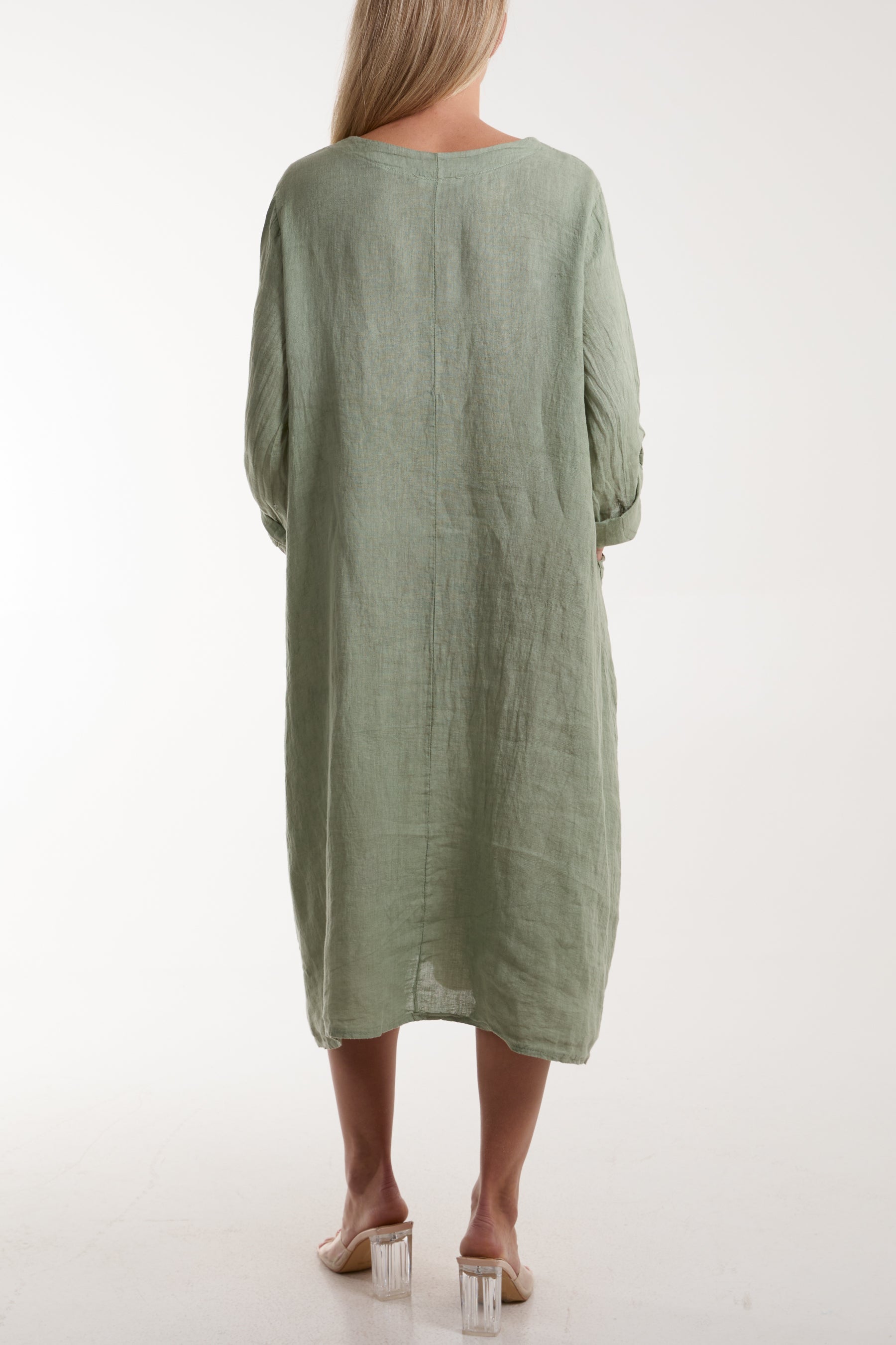 Black Linen Tied Hem Pockets Dress For Women ONE SIZE - Dropwear