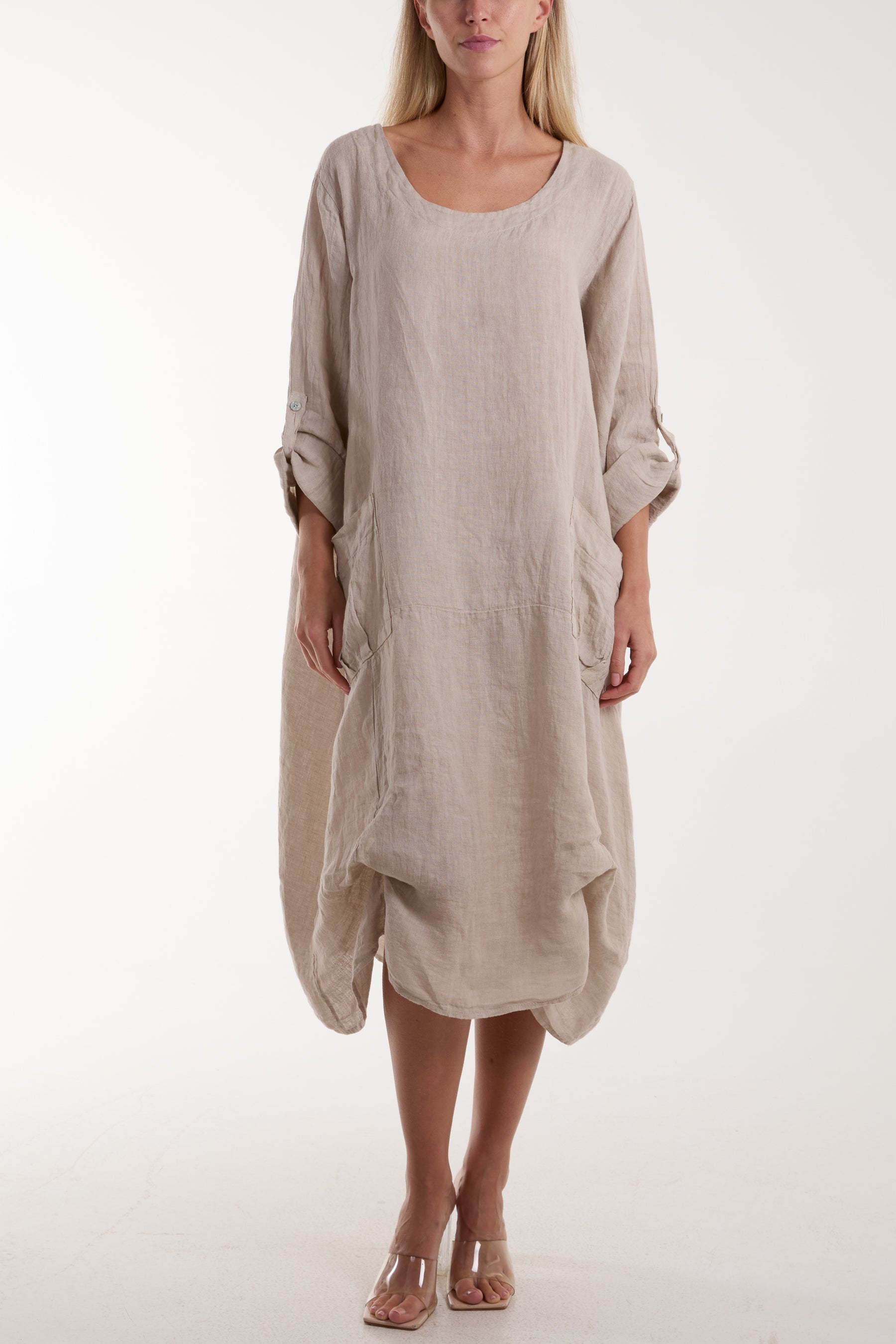 Mocha Linen Tied Hem Pockets Dress For Women ONE SIZE - Dropwear