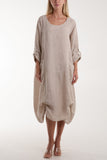 Mocha Linen Tied Hem Pockets Dress For Women ONE SIZE - Dropwear