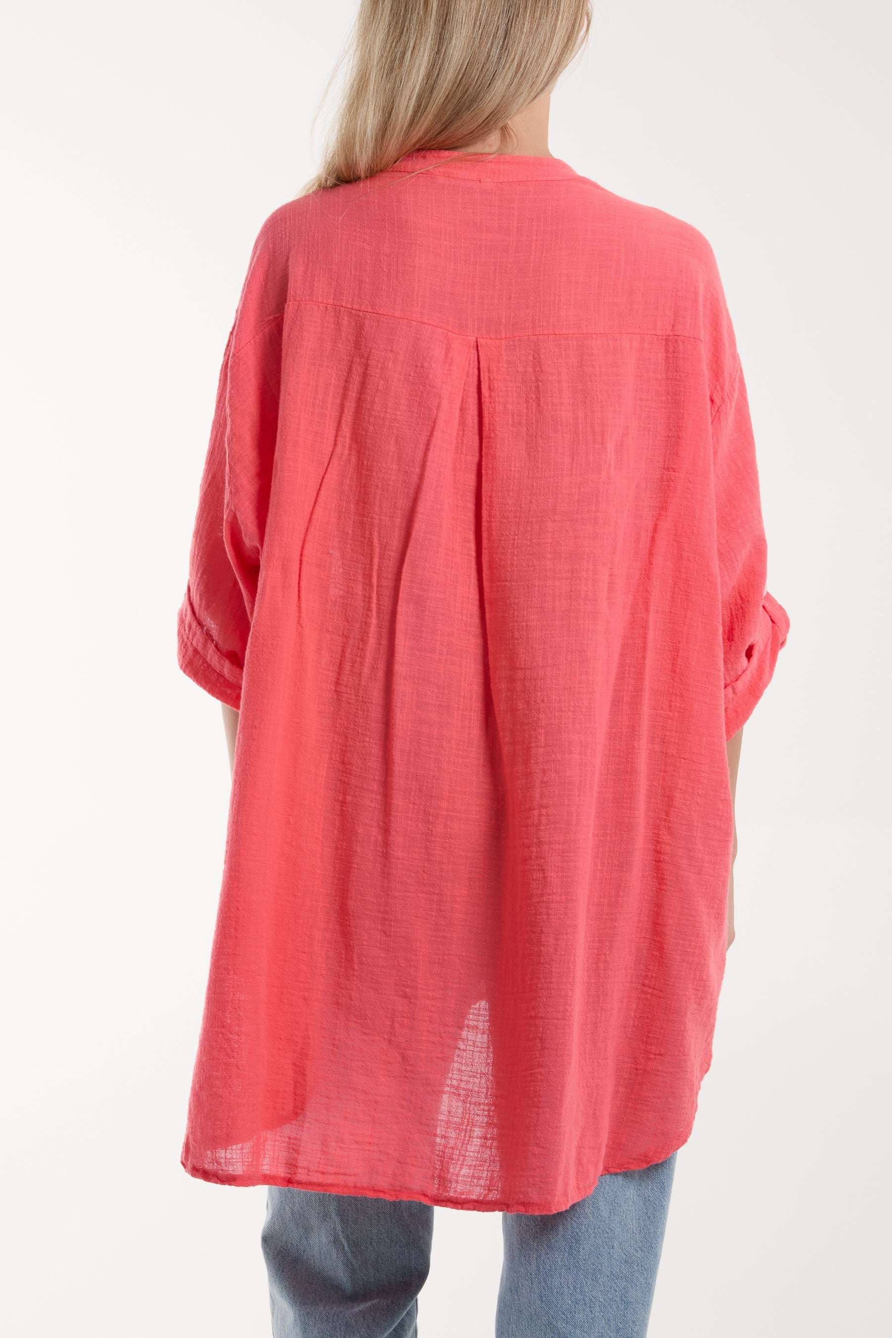 Hot Pink Grandad Collar Cotton Shirt For Women ONE SIZE - Dropwear