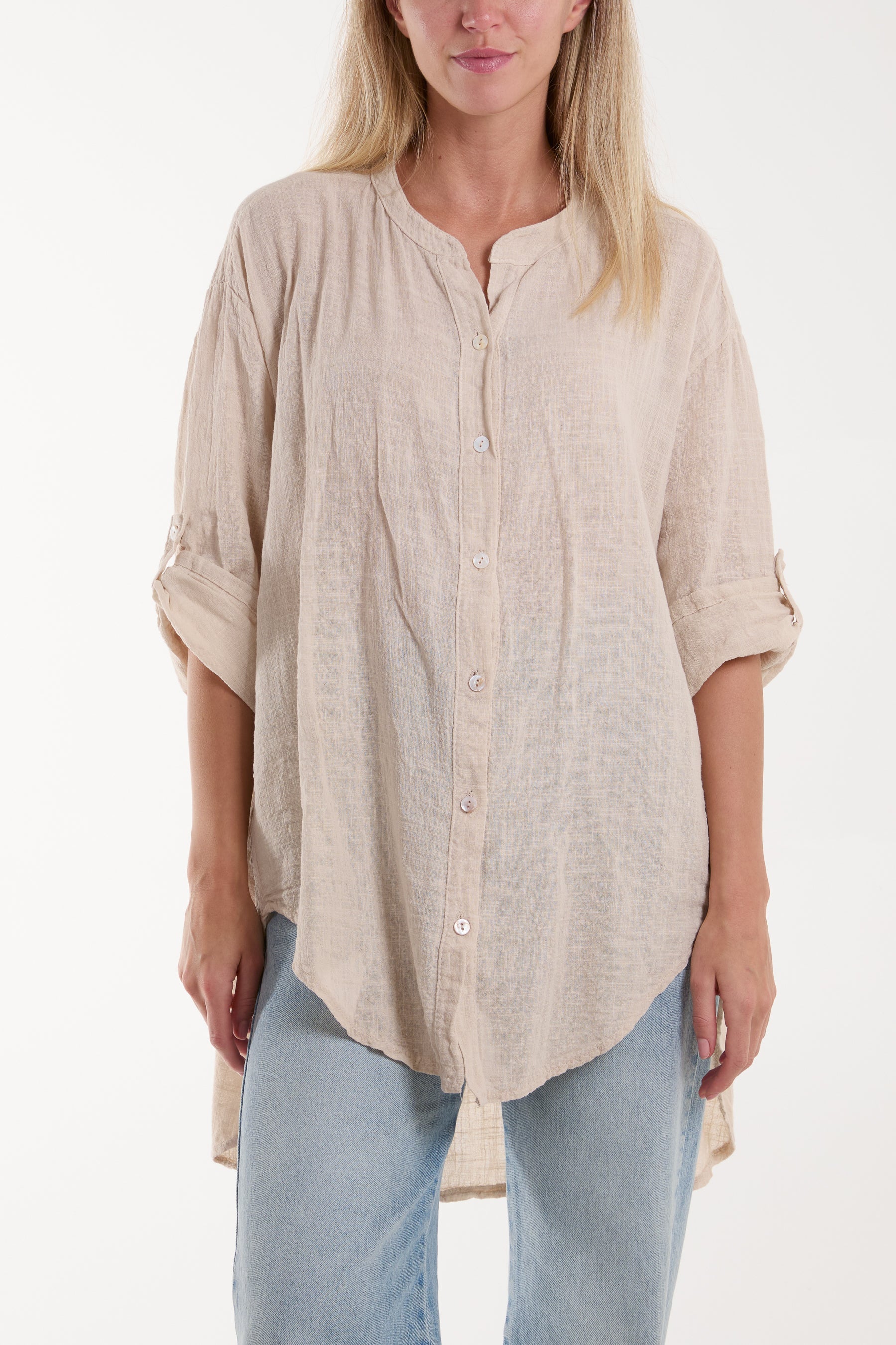 Grandad Collar Cotton Shirt For Women  - Dropwear