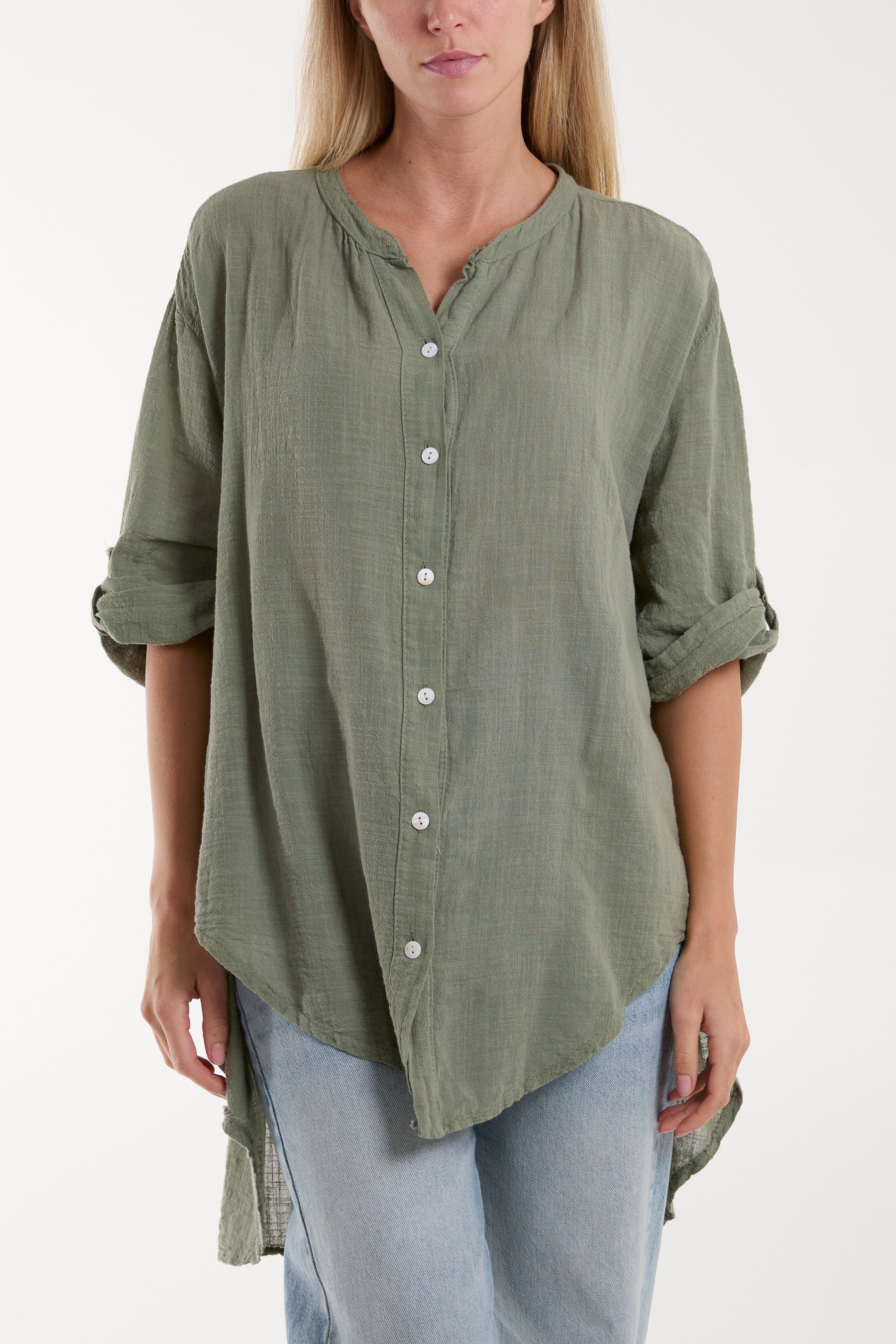 Grandad Collar Cotton Shirt For Women  - Dropwear