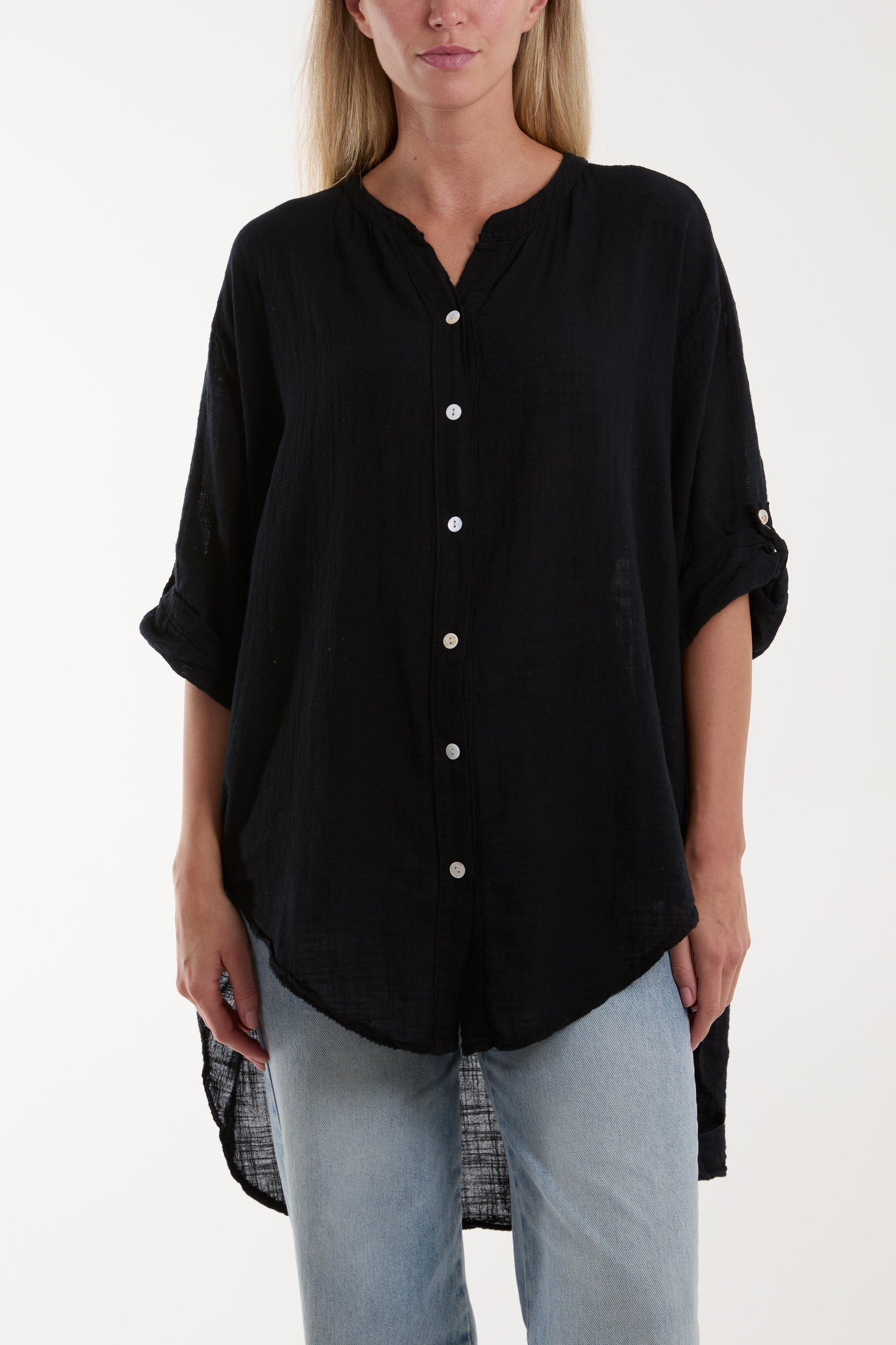 Grandad Collar Cotton Shirt For Women  - Dropwear