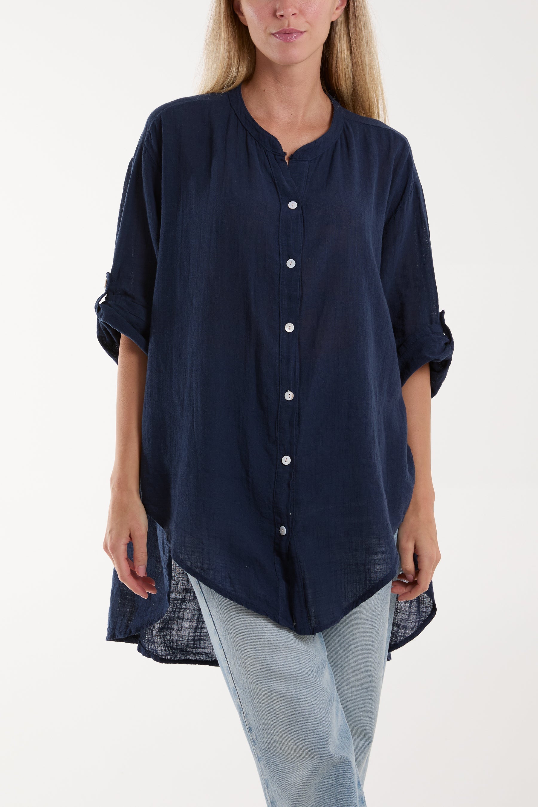 Grandad Collar Cotton Shirt For Women  - Dropwear